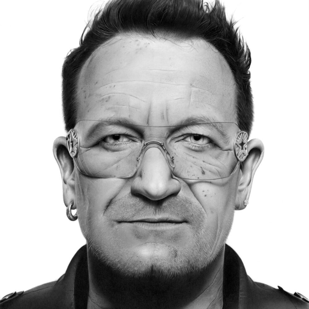 Bono, graphite drawing by hyperrealist artist Robert Leone, 2014. Available as original and limited edition fine art print.