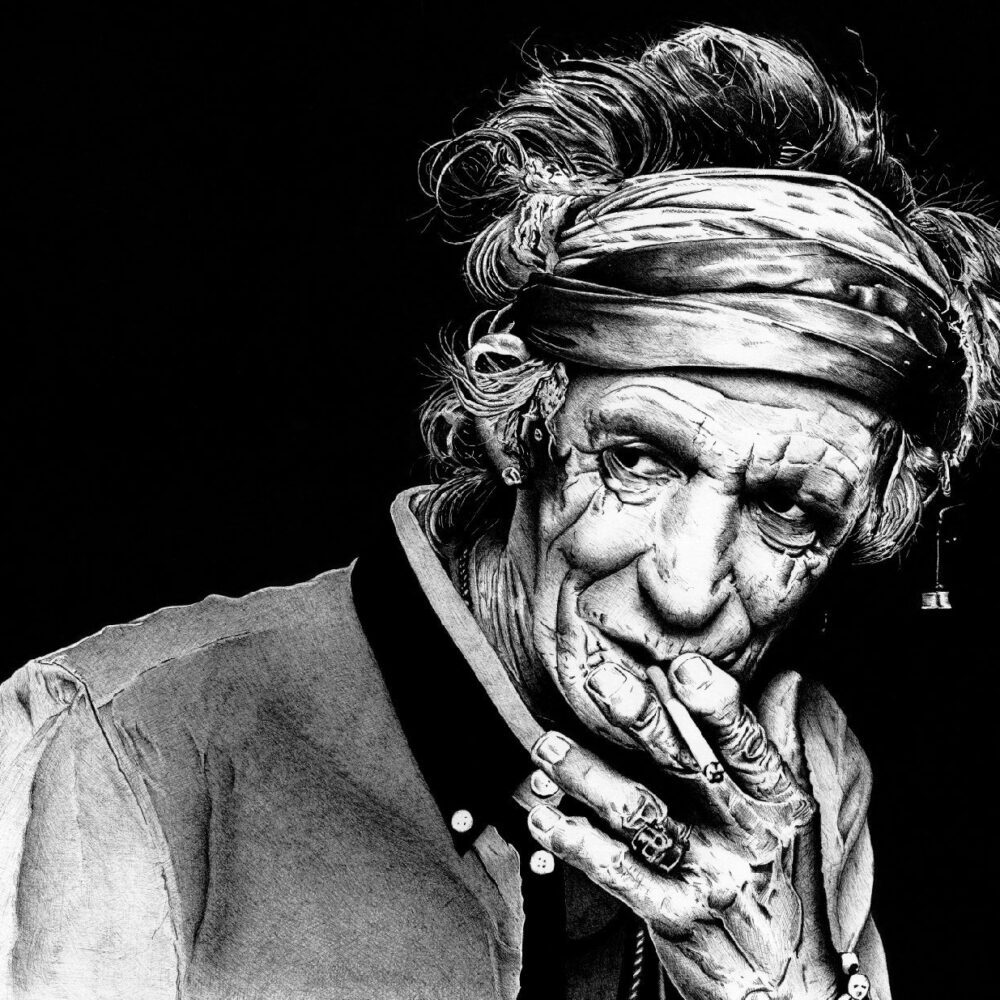 Keith, pen/ink drawing by hyperrealist artist Robert Leone, 2014. Available as original and limited edition fine art print.