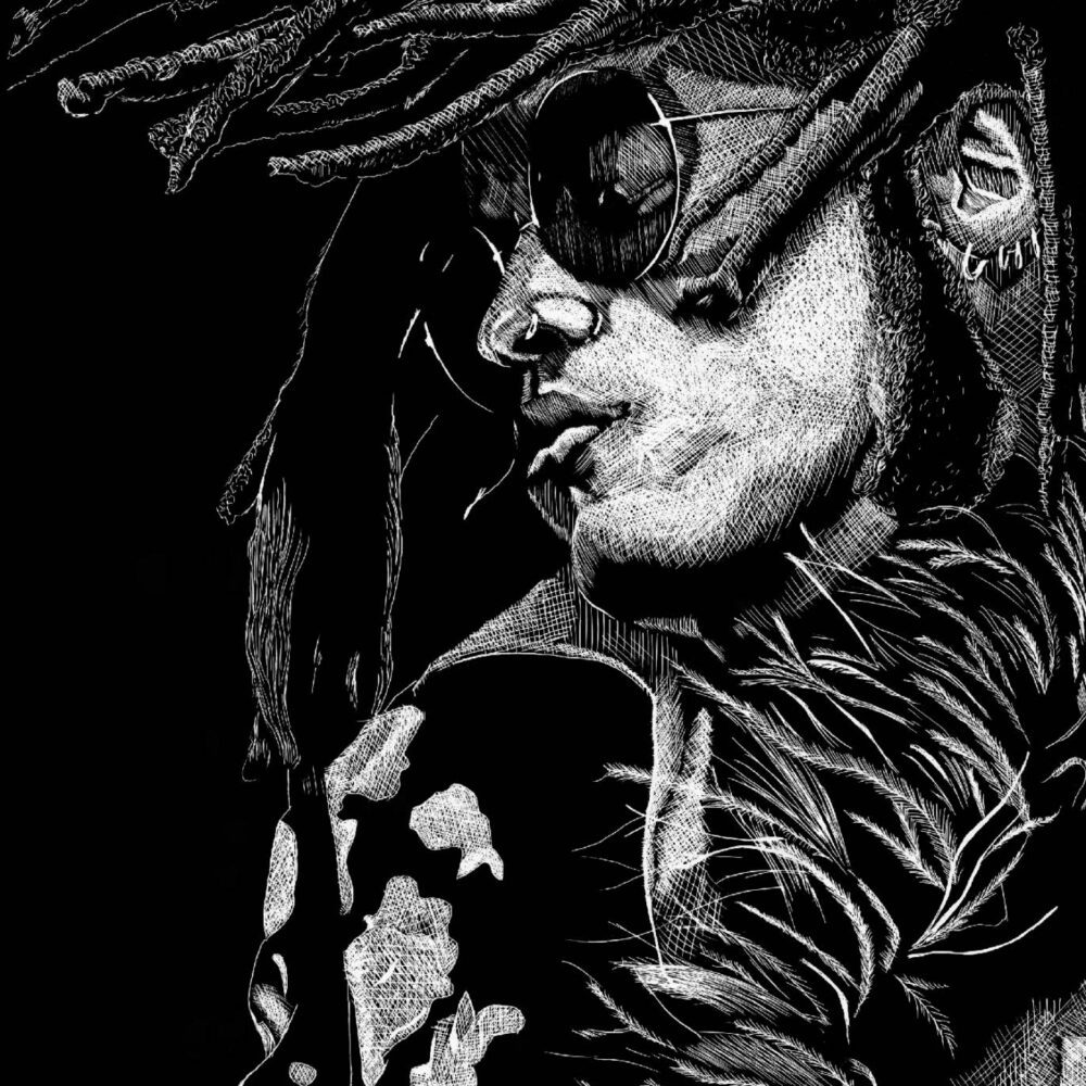 Kravitz, scratchboard drawing by hyperrealist artist Robert Leone. Available as original and limited edition fine art print.