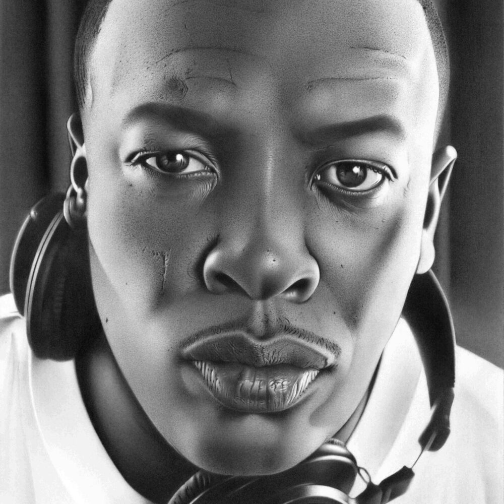 Dre, graphite drawing by hyperrealist artist Robert Leone. Available as original and limited edition fine art print.